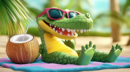 A cheerful alligator wearing sunglasses relaxes on a beach mat, sipping from a coconut. This vibrant scene captures the joy of summer and playful tropical vibes.の素材