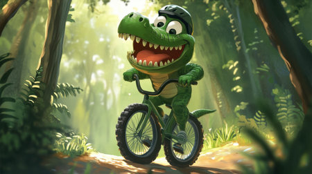 A joyful dinosaur character rides a bike through a vibrant forest, embodying adventure and playfulness in a colorful, animated style. Perfect for children's themes.の素材