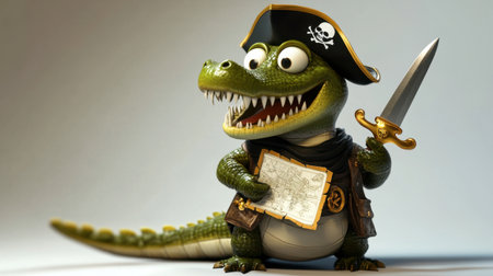 A playful cartoon alligator dressed as a pirate holds a treasure map and sword, embodying a fun and adventurous spirit, perfect for children's themes.の素材