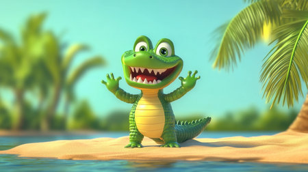 A cheerful cartoon alligator greets viewers on a sunny tropical beach, surrounded by palm trees and water, embodying fun and playfulness.の素材