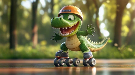 Adorable cartoon dinosaur on roller skates enjoying a sunny day in a lush forest. Perfect for themes of fun, adventure, and childhood joy in animation.の素材