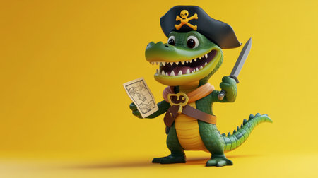 This vibrant cartoon alligator dressed as a pirate holds a treasure map and sword. Perfect for playful designs and children's storytelling themes.の素材