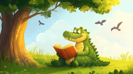 A cheerful alligator reads a book under a leafy tree. This whimsical illustration captures the joy of reading in nature, perfect for children's themes.の素材