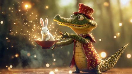 A whimsical alligator magician surprises with a rabbit in an enchanting forest, creating a captivating scene filled with magic and wonder.の素材