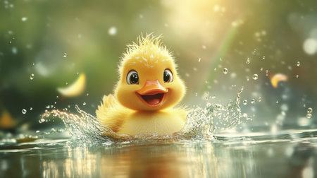 A cute yellow duckling joyfully splashes in the water, surrounded by nature. This vibrant and playful scene captures a moment of innocence and happiness.の素材