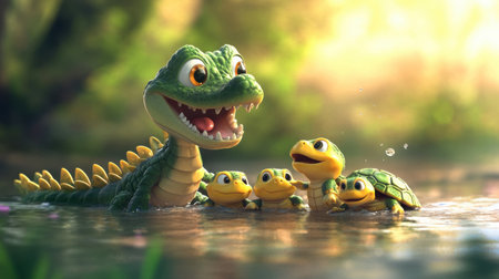 A cheerful alligator enjoys a sunny day with four playful baby turtles in a serene pond, showcasing a captivating moment in nature's colorful habitat.の素材