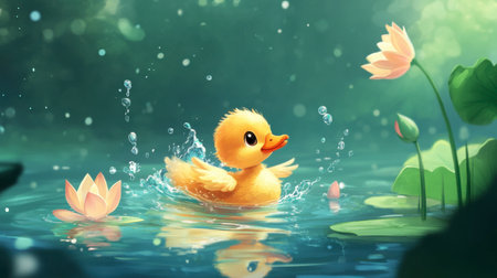 A cheerful duckling splashes playfully in a serene pond surrounded by beautiful lily pads. The vibrant colors and whimsical atmosphere create a joyful scene.の素材