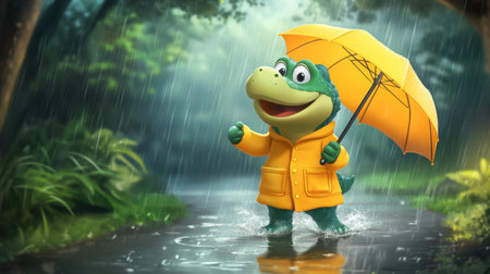 A cheerful cartoon character in a yellow raincoat holds an umbrella while splashing in puddles, radiating joy in a lush green park setting.の素材