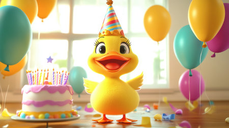 A cheerful yellow duck wearing a party hat celebrates with a colorful cake and bright balloons, creating a joyful and festive atmosphere perfect for events.の素材