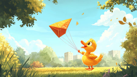 A cheerful yellow duck flies a vibrant kite in a sunny meadow, surrounded by lush trees and a blue sky, capturing the essence of playful outdoor adventure.の素材