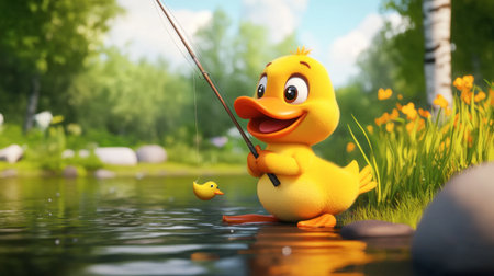 A cheerful cartoon duck enjoys fishing by a peaceful pond, surrounded by lush greenery and vibrant flowers, capturing a moment of joy and innocence in nature.の素材