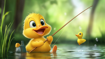 A cheerful duckling enjoys a sunny day fishing by the pond. This vibrant scene captures the joy of childhood and playful wildlife in nature.の素材
