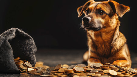 A charming dog rests beside a pile of coins, exuding curiosity in a studio setting. The contrast against the black background enhances the focus on the dog's expression and the shiny coins.の素材
