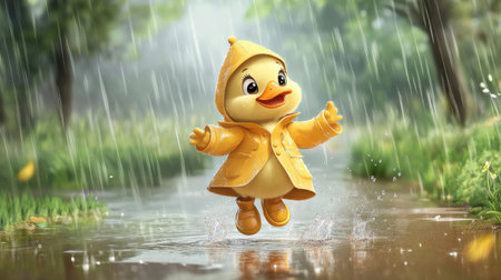 A cheerful duckling in a bright yellow raincoat jumps joyfully in puddles, surrounded by a lush green forest, conveying the essence of childhood fun in rainy weather.の素材