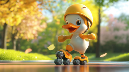 Adorable cartoon duckling rollerblading in a colorful autumn park. This vibrant scene captures the essence of fun and playfulness in a joyful outdoor setting.の素材