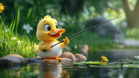 A cheerful cartoon duck fishing by a serene pond, surrounded by nature's beauty. This vibrant scene captures joy, playfulness, and a connection with wildlife.の素材