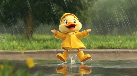 A cheerful duckling in a yellow raincoat splashes joyfully in a puddle on a rainy day, embodying playfulness and happiness in a vibrant outdoor scene.の素材