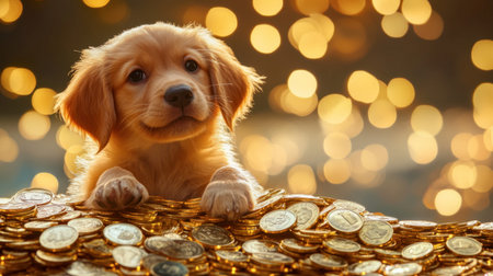 An adorable golden puppy gazes over a pile of shiny gold coins, creating a festive and cheerful atmosphere. Perfect for themes of joy and prosperity.の素材