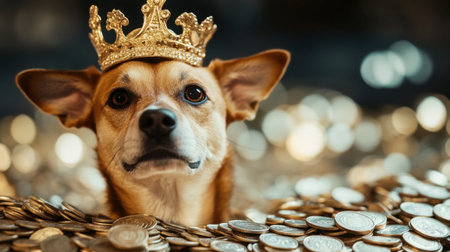 A charming dog wearing a golden crown sits among sparkling coins, radiating joy and wealth in a delightful and whimsical setting. Perfect for pet lovers!の素材