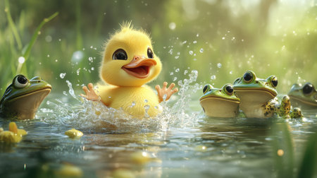 A delightful scene featuring a cheerful duckling splashing in the water surrounded by curious frogs. This image captures the joy of nature in a serene pond setting.の素材