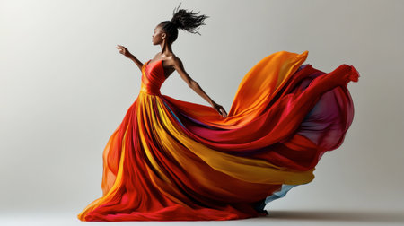 A stunning portrait of a woman in a vibrant dress, capturing motion and elegance. The colorful fabric flows beautifully, symbolizing creativity and grace.の素材