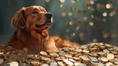 A charming golden dog rests amidst a pile of coins, exuding calm and tranquility. Glimmers of light create an enchanting atmosphere of luxury and joy.の素材