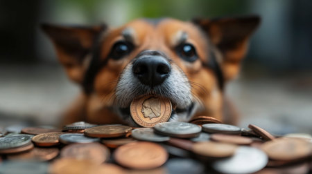 A charming dog lays among a pile of coins, symbolizing happiness and wealth. This playful scene captures the joyful spirit of pets with a unique twist.の素材