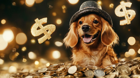 A cheerful dog with a sparkling hat sits amidst a pile of coins and glittering dollar signs, embodying joy and celebration in a vibrant and festive setting.の素材