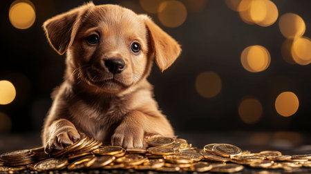 An adorable golden puppy gazes sweetly from a pile of shiny coins. The warm bokeh background adds a festive touch, perfect for conveying joy.の素材