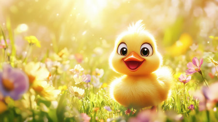 A cheerful yellow duckling smiles amidst vibrant flowers in a sunlit meadow. This playful image captures the essence of joy and beauty in nature.の素材