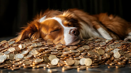 A serene dog peacefully sleeps atop a large pile of coins, symbolizing relaxation amidst wealth. This charming scene captures tranquility and comfort in a cozy environment.の素材