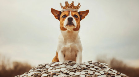 A charming dog wearing a crown sits proudly atop a pile of coins, embodying a playful theme of wealth and royalty. Perfect for humor and pet lovers.の素材