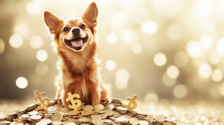 A cheerful dog sits atop a pile of coins, radiating happiness. Surrounded by dollar signs, it conveys a playful sense of wealth and joy in a warm setting.の素材