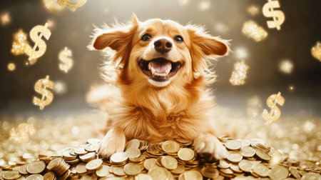 A joyful dog poses on a pile of coins with sparkling dollar signs around, symbolizing happiness and wealth. Perfect for finance and pet themes.の素材