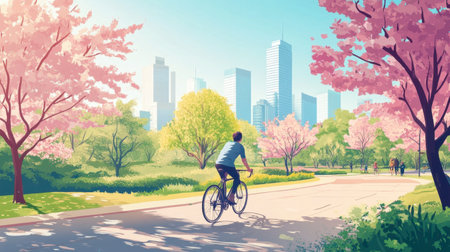 A vibrant illustration of a cyclist enjoying a spring day among blooming cherry trees in an urban park, highlighting the beauty of city life and nature.の素材