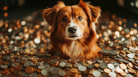 A charming dog sits amidst a pile of coins, exuding a playful and curious spirit. The close-up captures the dog's engaging expression, making it a delightful image for fun and whimsical themes.の素材