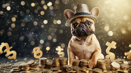 A charming French Bulldog wearing a stylish hat sits proudly among gleaming coins, embodying a playful and festive atmosphere with a sparkling background.の素材