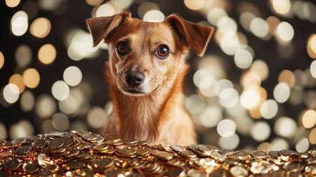 A cute dog poses in front of a pile of shimmering coins with a soft bokeh background, capturing a moment of joy and playfulness in a lively setting.の素材