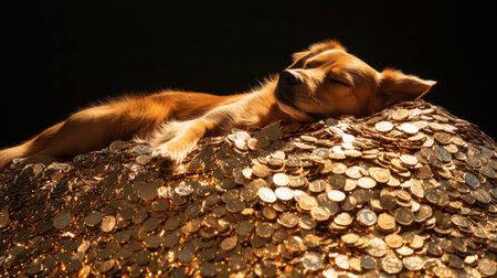 A charming scene of a dog peacefully resting atop a pile of shiny golden coins. The image conveys themes of wealth, comfort, and tranquility, perfect for pet and luxury concepts.の素材
