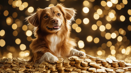A joyful dog poses playfully among shiny gold coins, creating a delightful scene filled with charm and warmth. Perfect for festive themes or pet-related projects.の素材
