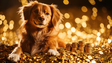 A cheerful dog lounging amidst a sparkling array of gold coins, creating a scene full of warmth and joy, perfect for themes of wealth and happiness.の素材