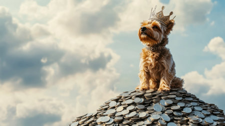 A charming dog wearing a crown sits atop a mound of coins against a beautiful sky. This whimsical image symbolizes wealth, royalty, and joy.の素材