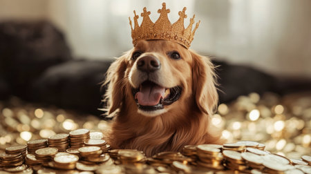 A joyful golden retriever sits proudly with a crown on its head, surrounded by shiny coins, creating a playful and regal atmosphere perfect for pet lovers.の素材