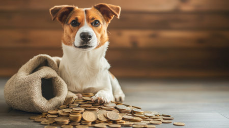 A charming dog sits amidst a pile of coins, capturing the essence of wealth and comfort in a cozy indoor setting. Perfect for themes on finance and companionship.の素材