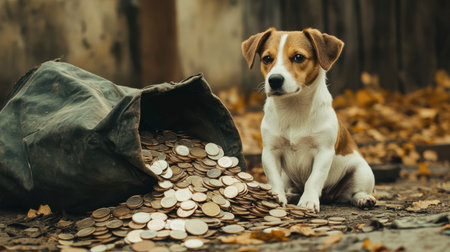 A charming dog sitting next to a spilled bag of coins, set in a rustic outdoor environment. The scene captures curiosity and innocence amidst nature's beauty.の素材