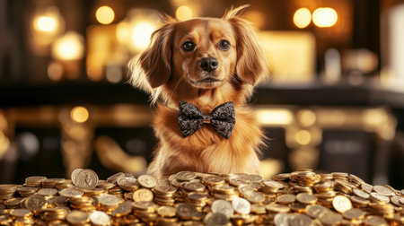 A charming dog wearing a bow tie sits proudly in front of a pile of coins, exuding a sense of wealth and luxury. Perfect for themes of finance and pets.の素材