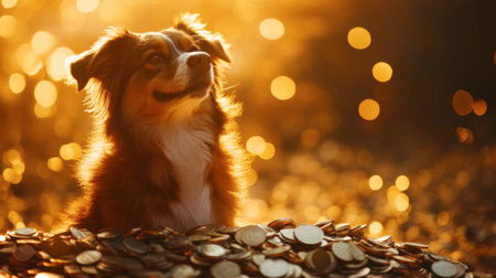 A joyful dog sits amidst gleaming coins, bathed in warm golden light. This charming scene captures the essence of happiness and tranquility in nature.の素材