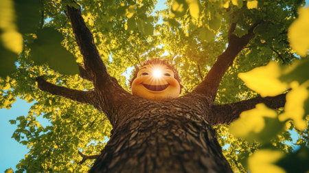 A whimsical smiling face peeks from the tree canopy, surrounded by vibrant green leaves and sunlight, creating a joyful and playful atmosphere in nature.の素材