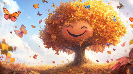 A whimsical tree with a smiling face surrounded by colorful butterflies and autumn leaves, creating a cheerful and vibrant atmosphere in nature.の素材