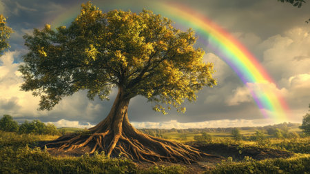 A stunning tree stands proudly beneath a vibrant rainbow, showcasing the beauty of nature. This serene landscape captures sunlight breaking through clouds, symbolizing growth and tranquility.の素材